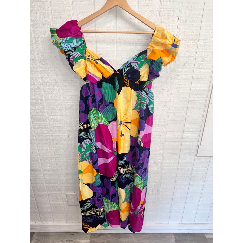 Meet me in Santorini Floral Midi Dress Women Multicolor Tropical Ruffle M NEW